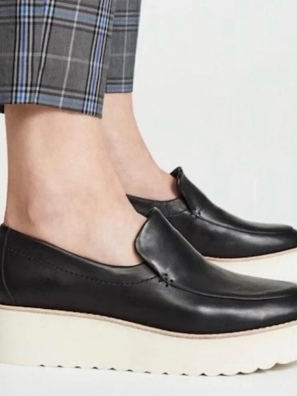 Vince Black Leather Slip-On Platform Loafers with White Platform